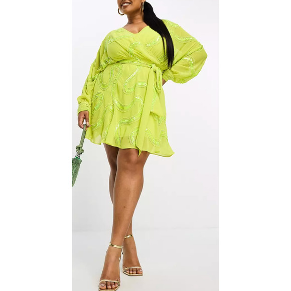 ASOS DESIGN Rouleaux Loop Tie Waist Mini Dress Sequin & Bead Embellishment Sz 16 - Picture 8 of 16